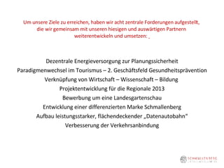 Um unsere Ziele zu erreichen, haben wir acht zentrale Forderungen aufgestellt,  die wir gemeinsam mit unseren hiesigen und auswärtigen Partnern  weiterentwickeln und umsetzen:  Dezentrale Energieversorgung zur Planungssicherheit Paradigmenwechsel im Tourismus – 2. Geschäftsfeld Gesundheitsprävention Verknüpfung von Wirtschaft – Wissenschaft – Bildung  Projektentwicklung für die Regionale 2013 Bewerbung um eine Landesgartenschau Entwicklung einer differenzierten Marke Schmallenberg Aufbau leistungsstarker, flächendeckender „Datenautobahn“ Verbesserung der Verkehrsanbindung 