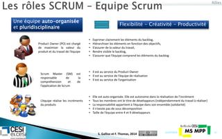 Rôles
21/07/2014 21
Une équipe auto-organisée
et pluridisciplinaire
Flexibilité - Créativité - Productivité
• Exprimer clairement les éléments du backlog,
• Hiérarchiser les éléments en fonction des objectifs,
• S’assurer de la valeur du travail,
• Rendre visible le backlog,
• S’assurer que l’équipe comprend les éléments du backlog
Product Owner (PO) est chargé
de maximiser la valeur du
produit et du travail de l’équipe
L’équipe réalise les incréments
du produits
• Elle est auto-organisée. Elle est autonome dans la réalisation de l’incrément
• Tous les membres ont le titre de développeurs (indépendamment du travail à réaliser)
• La responsabilité appartient à l’équipe dans son ensemble (solidarité)
• Il n’existe pas de sous décomposition
• Taille de l’équipe entre 4 et 9 développeurs
Scrum Master (SM) est
responsable de la
compréhension et de
l’application de Scrum
• Il est au service du Product Owner
• Il est au service de l’équipe de réalisation
• Il est au service de l’organisation
S. Gallioz et F. Thomas, 2014
 