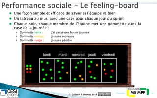  Une façon simple et efficace de savoir si l’équipe va bien
 Un tableau au mur, avec une case pour chaque jour du sprint
 Chaque soir, chaque membre de l’équipe met une gommette dans la
case de la journée :
 Gommette verte : j’ai passé une bonne journée
 Gommette orange journée moyenne
 Gommette rouge : journée pénible
21/07/2014 44
lundi mardi mercredi jeudi vendredi
S. Gallioz et F. Thomas, 2014
 