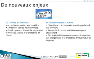 Etat des lieux
21/07/2014 5
La stabilité est la norme
• Les prévisions précises sont possibles
• L’important c’est de maintenir le cap
• Plus de rigueur et de contrôle augmentent
le niveau de sécurité et la probabilité de
réussir
Le changement est la norme
• L’incertitude et la complexité taxent la précision de
nos prévisions
• Il faut saisir les opportunités et encourager le
changement
• Plus de flexibilité augmente le niveau d’adaptation
aux changements et la probabilité de réussir et de se
dépasser
S. Gallioz et F. Thomas, 2014
 