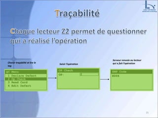 15
Saisir l’opération
Serveur renvoie au lecteur
qui a fait l’opérationChoisir traçabilté et lire le
tag
 
