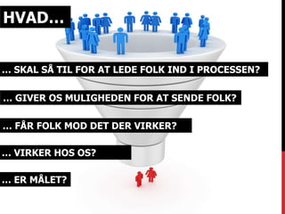 HVAD… 
… SKAL SÅ TIL FOR AT LEDE FOLK IND I PROCESSEN? 
… GIVER OS MULIGHEDEN FOR AT SENDE FOLK? 
… FÅR FOLK MOD DET DER VIRKER? 
… VIRKER HOS OS? 
… ER MÅLET? 
 