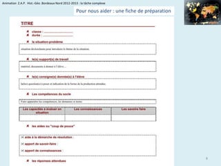 Animation Z.A.P. Hist.-Géo .Bordeaux Nord 2012-2013 : la tâche complexe

Pour nous aider : une fiche de préparation

8

 