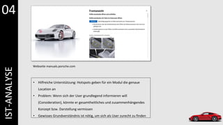 • Hilfreiche Unterstützung: Hotspots geben für ein Modul die genaue
Location an
• Problem: Wenn sich der User grundlegend informieren will
(Consideration), könnte er gesamtheitliches und zusammenhängendes
Konzept bzw. Darstellung vermissen
• Gewisses Grundverständnis ist nötig, um sich als User zurecht zu finden
Webseite manuals.porsche.com
04
IST-ANALYSE
 