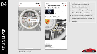 • Hilfreiche Unterstützung
• Problem: User könnte
zusammenhängendes Konzept
bzw. Darstellung vermissen
• Gewisses Grundverständnis ist
nötig, um sich als User zurecht zu
finden
App “Gut zu wissen”
04
IST-ANALYSE
 