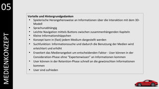 Vorteile und Hintergrundgedanken
• Spielerische Herangehensweise an Informationen über die Interaktion mit dem 3D-
Modell
• Sprachunabhängig
• Leichte Navigation mittels Buttons zwischen zusammenhängenden Kapiteln
• Kleine Informationshäppchen
• Konzept kann in (fast) jedem Medium dargestellt werden
• Suchfunktion: Informationssuche und dadurch die Benutzung der Medien wird
erleichtert und erhöht
• Erweitert das Medienangebot um entscheidenden Faktor - User können in der
Consideration-Phase ohne “Expertenwissen” an Informationen kommen
• User können in der Retention-Phase schnell an die gewünschten Informationen
kommen
• User sind zufrieden
05
MEDIENKONZEPT
 