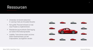 Ressourcen
Melanie Pfeiffer & Isabel Mallqui Chacón Hochschule Merseburg
• Umsetzbar mit bereits bekannten
E-Learning Tools wie Articulate Storyline
• Kein großer Personal Aufwand um das
neue Produkt zu implementieren
• Modularisierung > einfache Übertragung
auf andere Informationsprodukte
• Usability-Tests können direkt und ohne
hohen Kostenaufwand, auf den
Endprodukten, durchgeführt werden
12
 