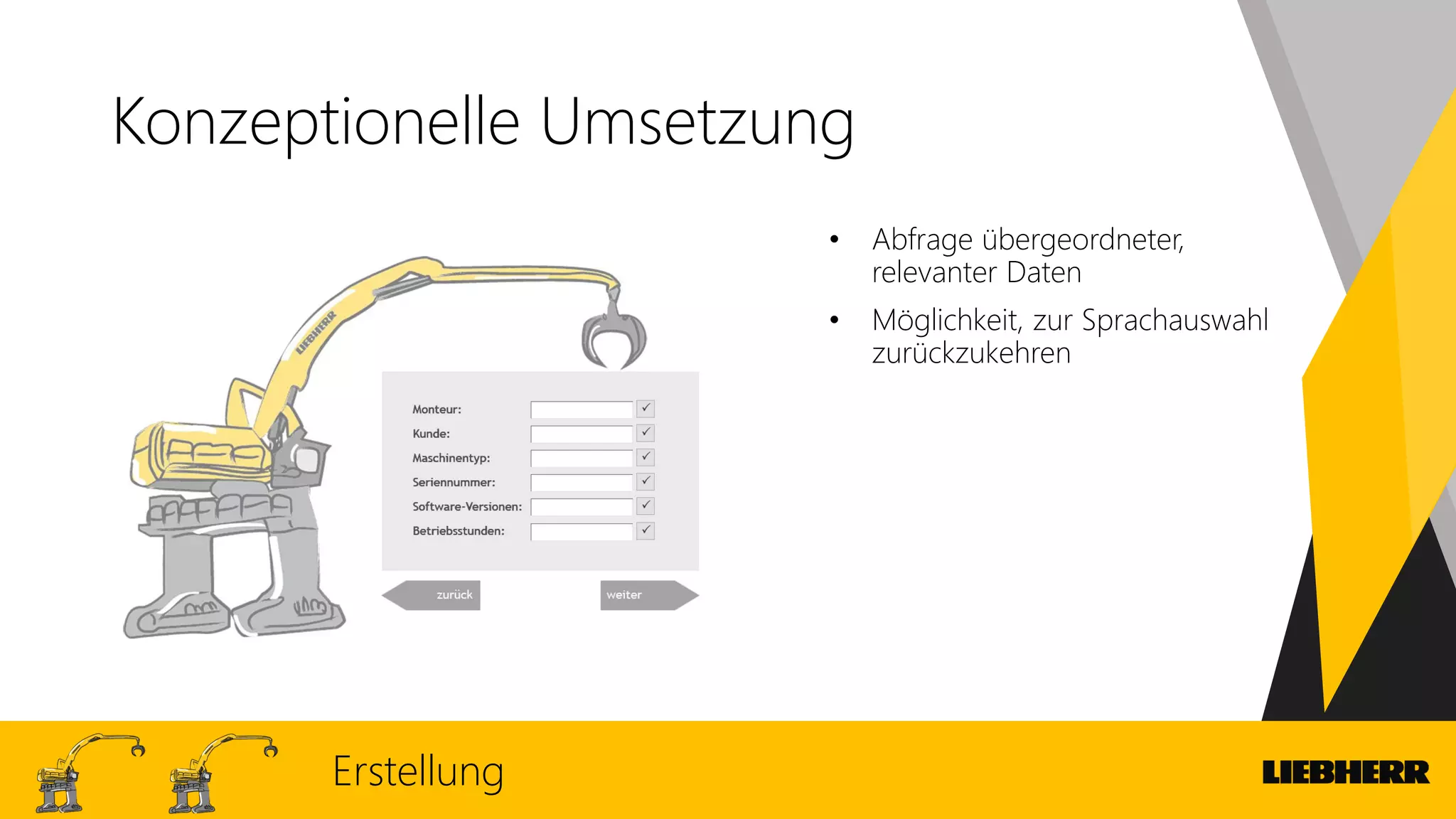 Konzeptionelle Umsetzung
• Abfrage übergeordneter,
relevanter Daten
• Möglichkeit, zur Sprachauswahl
zurückzukehren
Erstellung
 