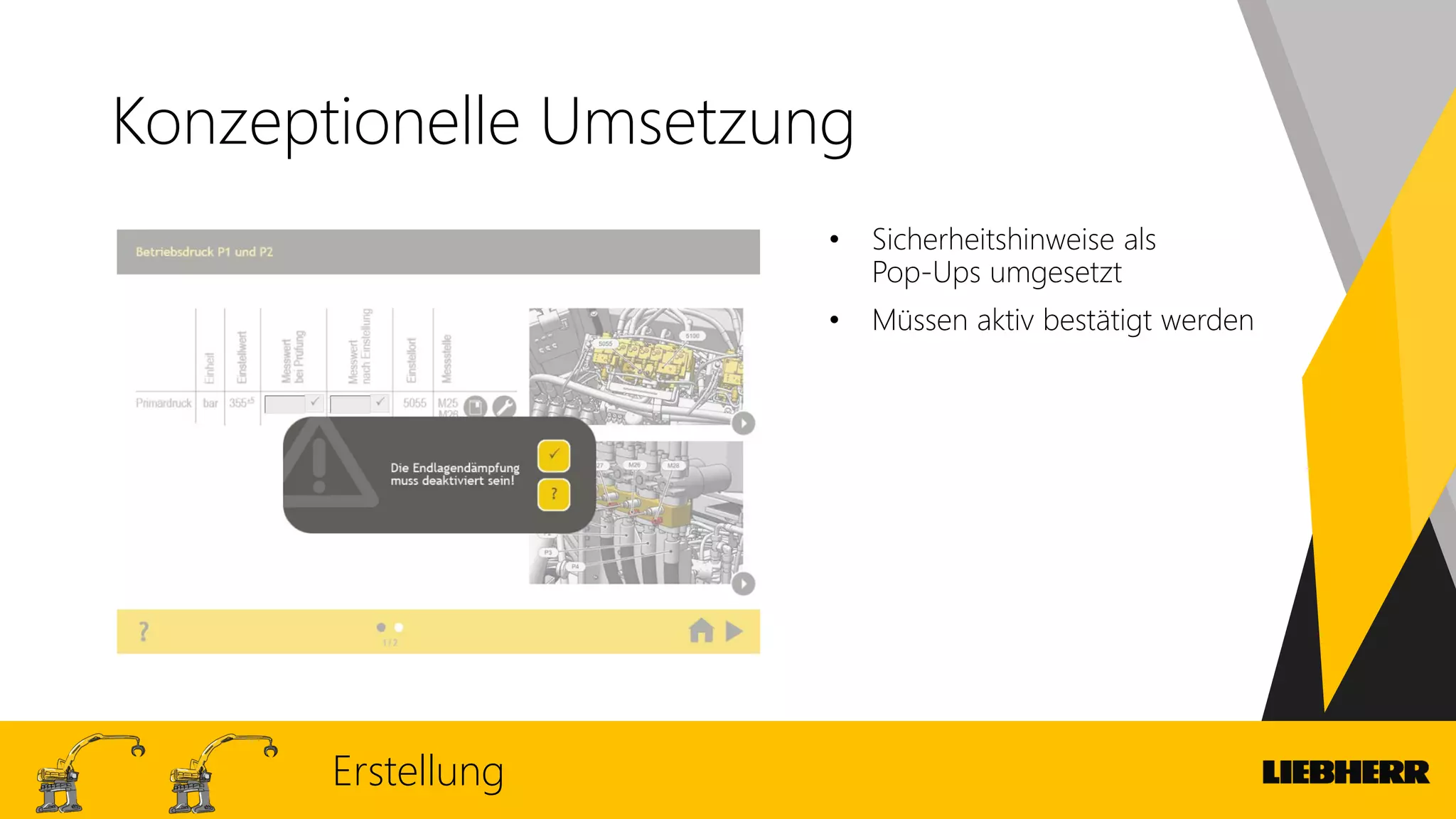 Konzeptionelle Umsetzung
• Sicherheitshinweise als
Pop-Ups umgesetzt
• Müssen aktiv bestätigt werden
Erstellung
 