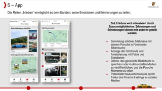 Ziel: Erlebnis wird intensiviert durch
Zusatzmöglichkeiten. Erfahrungen und
Erinnerungen können mit anderen geteilt
werden.
▶ Sammlung schöner Erlebnisse mit
seinem Porsche in Form eines
Bilderbuchs
▶ Anzeige der Fahrtroute und
Anreicherung mit Fotos und
Standorten
▶ Option, das generierte Bilderbuch zu
speichern oder in den sozialen Medien
zu veröffentlichen, und die Porsche
Momente zu teilen
▶ Potentielle Neukundenakquise durch
Teilen des Porsche Feelings in sozialen
Medien
Der Reiter „Erleben“ ermöglicht es dem Kunden, seine Emotionen und Erinnerungen zu teilen.
5 – App
 