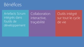 Bénéfices
Artefacts Scrum   Collaboration   Outils intégré
intégrés dans     interactive,    sur tout le cycle
l’outils de       traçabilité     de vie
développement
 