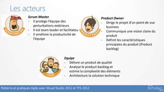 Les acteurs
                   Scrum Master                                     Product Owner
                   - Il protège l’équipe des                        - Dirige le projet d’un point de vue
                      perturbations extérieurs                         business
                   - Il est team leader et facilitateur             - Communique une vision claire du
                   - Il améliore la productivité de                    produit
                      l’équipe                                      - Définit les caractéristiques
                                                                       principales du produit (Product
                                                                       backlog)

                                             Equipe
                                             - Délivre un produit de qualité
                                             - Analyse le product backlog et
                                                estime la complexité des éléments
                                             - Architecture la solution technique


Patterns et pratiques Agile avec Visual Studio 2012 et TFS 2012
 