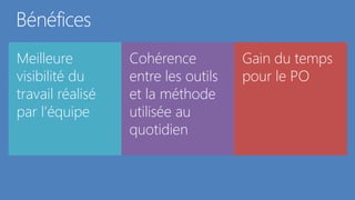 Bénéfices
Meilleure         Cohérence          Gain du temps
visibilité du     entre les outils   pour le PO
travail réalisé   et la méthode
par l’équipe      utilisée au
                  quotidien
 