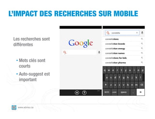 L’IMPACT DES RECHERCHES SUR MOBILE


 Les recherches sont
 différentes


  • Mots clés sont
    courts
  • Auto-suggest est
    important




   www.adviso.ca
 
