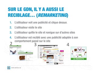 SUR LE GDN, IL Y A AUSSI LE
RECIBLAGE… (REMARKETING)
1. L’utilisateur voit une publicité et clique dessus
2. L’utilisateur visite le site
3. L’utilisateur quitte le site et navigue sur d’autres sites
4. L’utilisateur est reciblé avec une publicité adaptée à son
   comportement passé sur le site
2                      3                               4



 www.adviso.ca
 