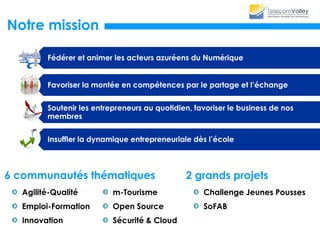 Notre mission
Fédérer et animer les acteurs azuréens du Numérique
Favoriser la montée en compétences par le partage et
l’échange
Soutenir les entrepreneurs au quotidien, favoriser le business de
nos adhérents
Insuffler la dynamique entrepreneuriale dès l’école
6 communautés thématiques
Agilité-Qualité
Emploi-Formation
Innovation
m-Tourisme
Open Source
Sécurité & Cloud
Test & Qualité Logiciel
2 grands projets
Challenge Jeunes Pousses
SoFAB