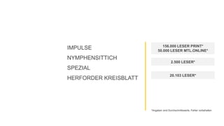 2.500 LESER*
156.000 LESER PRINT*
50.000 LESER MTL.ONLINE*
20.103 LESER*
IMPULSE
NYMPHENSITTICH
SPEZIAL
HERFORDER KREISBLATT
*Angaben sind Durchschnittswerte, Fehler vorbehalten
 