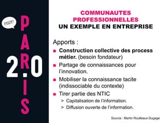 COMMUNAUTES
      PROFESSIONNELLES
  UN EXEMPLE EN ENTREPRISE

Apports :
■ Construction collective des process
  métier. (besoin fondateur)
■ Partage de connaissances pour
  l’innovation.
■ Mobiliser la connaissance tacite
  (indissociable du contexte)
■ Tirer partie des NTIC
   > Capitalisation de l’information.
   > Diffusion ouverte de l’information.

                            Source : Martin Roulleaux Dugage
 