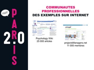 COMMUNAUTES
    PROFESSIONNELLES
DES EXEMPLES SUR INTERNET




 Psychology Wiki
  25 000 articles
                    projectsManagers.net
                      11 000 membres
 