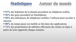 Statistiques Autour du monde
 91% des habitants de la planète possèdent un téléphone mobile.
 56% des gens possèdent un Smartphone.
 50% des utilisateurs de téléphones mobiles l’utilisent pour accéder à
internet.
 80% du temps passé sur mobile se fait dans des applications.
 72% des propriétaires de tablettes effectuent des achats en ligne à
partir de leurs appareils chaque semaine.
18
 