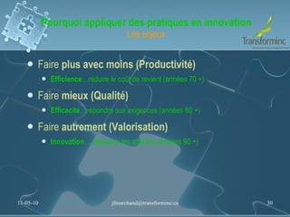 Pourquoi appliquer des pratiques en innovation Les enjeux Faire  plus avec   moins (Productivité) Efficience …réduire le coût de revient (années 70 +) Faire  mieux (Qualité) Efficacité …répondre aux exigences (années 80 +) Faire  autrement (Valorisation) Innovation … dépasser les attentes (années 90 +) 11-05-10 [email_address] 