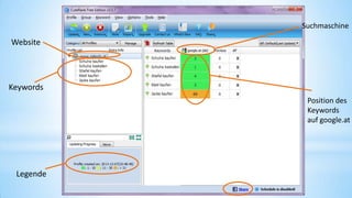Suchmaschine

Website

Keywords
Position des
Keywords
auf google.at

Legende

 