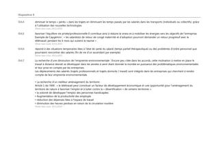 Diapositive 8
OJL4 diminuer le temps « perdu » dans les trajets en diminuant les temps passés par les salariés dans les transports (individuels ou collectifs), grâce
à l’utilisation des nouvelles technologies.
Olivier Jean Louis; 10/11/2015
OJL5 favoriser l’équilibre vie privée/professionnelle Il contribue ainsi à réduire le stress et à mobiliser les énergies vers les objectifs de l’entreprise.
Exemple de Capgémini : « les salarié(e)s de retour de congé maternité et d’adoption pourront demander un retour progressif avec le
télétravail, pendant les 6 mois qui suivent la reprise »
Olivier Jean Louis; 10/11/2015
OJL6 répond à des situations temporaires liées à l’état de santé du salarié (temps partiel thérapeutique) ou des problèmes d’ordre personnel que
pourraient rencontrer des salariés (fin de vie d’un ascendant par exemple)
Olivier Jean Louis; 10/11/2015
OJL7 La recherche d’une diminution de l’empreinte environnementale : Encore peu citée dans les accords, cette motivation à mettre en place le
travail à distance devrait se développer dans les années à venir étant donnée la montée en puissance des problématiques environnementales
et leur prise en compte par les entreprises.
Les déplacements des salariés (trajets professionnels et trajets domicile / travail) sont intégrés dans les entreprises qui cherchent à rendre
compte de leur empreinte environnementale.
• La recherche d’un meilleur aménagement du territoire :
Article 1 de l’ANI : « le télétravail peut constituer un facteur de développement économique et une opportunité pour l’aménagement du
territoire de nature à favoriser l’emploi et à lutter contre la « désertification » de certains territoires ».
• la volonté de développer l’emploi des personnes handicapées
• Augmentation de la productivité des employés
• réduction des dépenses liées à l’espace de travail
• diminution des heures perdues en raison de la circulation routière
Olivier Jean Louis; 10/11/2015
 