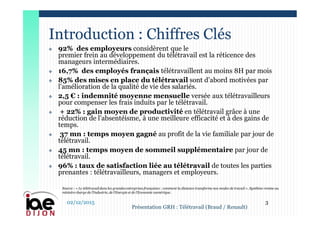  92% des employeurs considèrent que le
premier frein au développement du télétravail est la réticence des
manageurs intermédiaires.
 16,7% des employés français télétravaillent au moins 8H par mois
 85% des mises en place du télétravail sont d’abord motivées par
l’amélioration de la qualité de vie des salariés.
 2,5 € : indemnité moyenne mensuelle versée aux télétravailleurs
pour compenser les frais induits par le télétravail.
 + 22% : gain moyen de productivité en télétravail grâce à une
réduction de l’absentéisme, à une meilleure efficacité et à des gains de
temps.
 37 mn : temps moyen gagné au profit de la vie familiale par jour de
télétravail.
 45 mn : temps moyen de sommeil supplémentaire par jour de
télétravail.
 96% : taux de satisfaction liée au télétravail de toutes les parties
prenantes : télétravailleurs, managers et employeurs.
Introduction : Chiffres Clés
02/12/2015 3
Présentation GRH : Télétravail (Braud / Renault)
Source : « Le télétravail dans les grandesentreprisesfrançaises : comment la distance transforme nos modes de travail ». Synthèse remise au
ministre charge de l’Industrie, de l’Energie et de l’Economie numérique.
 