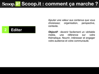 2 Editer
1
Scoop.it : comment ça marche ?
Ajouter une valeur aux contenus que vous
choisissez: organisation, perspective,
contexte.
Objectif : devenir facilement un véritable
média, une référence sur votre
thématique. Nourrir, intéresser et engager
votre audience et votre communauté.
 