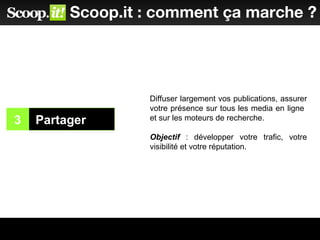 3 Partager
2
Scoop.it : comment ça marche ?
Diffuser largement vos publications, assurer
votre présence sur tous les media en ligne
et sur les moteurs de recherche.
Objectif : développer votre trafic, votre
visibilité et votre réputation.
 