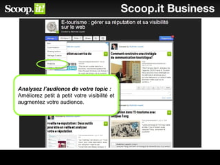 Scoop.it Business
Analysez l’audience de votre topic :
Améliorez petit à petit votre visibilité et
augmentez votre audience.
Analysez l’audience de votre topic :
Améliorez petit à petit votre visibilité et
augmentez votre audience.
 