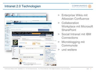 Enterprise Wikis mit Atlassian ConfluenceCollaboration Workplace mit Microsoft SharePointSocial Intranet mit IBM ConnectionsMicroblogging mit Communoteund weitereIntranet 2.0 Technologien13
