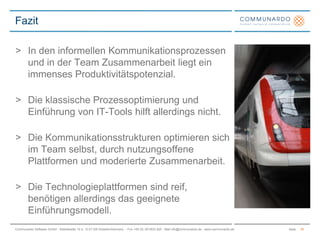 In den informellen Kommunikationsprozessen und in der Team Zusammenarbeit liegt ein immenses Produktivitätspotenzial.Die klassische Prozessoptimierung und Einführung von IT-Tools hilft allerdings nicht.Die Kommunikationsstrukturen optimieren sich im Team selbst, durch nutzungsoffene Plattformen und moderierte Zusammenarbeit.Die Technologieplattformen sind reif, benötigen allerdings das geeignete Einführungsmodell.Fazit20