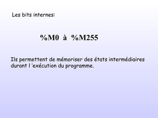 Les bits internes: %M0  à  %M255  Ils permettent de mémoriser des états intermédiaires durant l ’exécution du programme. 