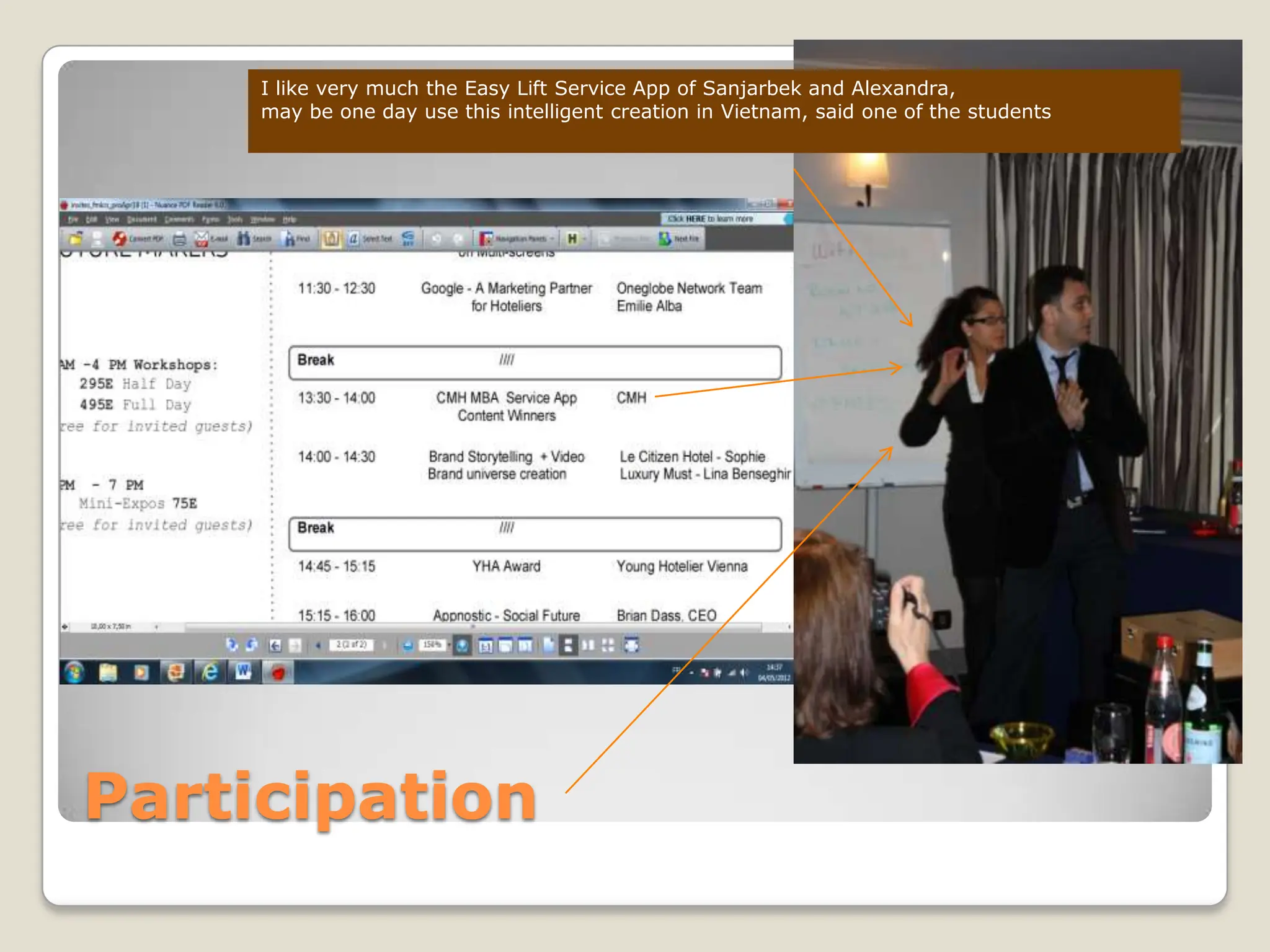 I like very much the Easy Lift Service App of Sanjarbek and Alexandra,
     may be one day use this intelligent creation in Vietnam, said one of the students




Participation
 