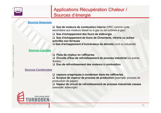 Applications Récupération Chaleur /
                                                                          Sources d’énergie
                                                     Sources Gaseuses
                                                                            Gaz de moteurs de combustion interne (ORC comme cycle
                                                                         secondaire aux moteurs diesel ou à gaz ou de turbines à gaz)
                                                                            Gaz d’échappement des fours de sidérurgie
                                                                            Gaz d’échappement de fours de Cimenterie, vitrerie ou autres
                                                                         activités non ferreuse
                                                                           Gaz d’échappement d’incinérateur de déchets (civil ou industriel)
Copyright © – Turboden S.r.l. All rights reserved




                                                      Sources Liquides
                                                                             Flots de chaleur en raffineries
                                                                             Circuits d’Eau de refroidissement de process industriel (ou autres
                                                                         fluides)
                                                                             Eau de refroidissement des moteurs à combustion
                                                    Sources Condensées
                                                                            vapeurs oragniques à condenser dans les raffineries
                                                                            Surplus de vaperur de process de production (exemple: process de
                                                                         productioin de papier)
                                                                            Vapeur de circuit de refroidissement de process industriels cesses
                                                                         (exemple: siderurgie)




                                                                                                                                                  15
 