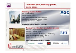 Turboden Heat Recovery plants,
                                                          some cases

                                                    Recovery in glass factory
                                                    AGC (Cuneo, Italia)
                                                    Start up January 2012
                                                    Glass production capacity: ~ 600 ton/day
                                                    Heat Source: exhaust gas around ~ 550°C
                                                    Gases cooled down to ~ 390°C
Copyright © – Turboden S.r.l. All rights reserved




                                                    ORC ELECTRICAL POWER: ~ 1,3 MWe

                                                          Recovery in refractory production process
                                                          RHI GROUP (Radenthein, Austria)
                                                          Start up 1° quarter 2009
                                                          Capacity production of refractory: ~ 250 ton/day
                                                          Heat Source: exhaust gas at ~ 500°C
                                                          Gases cooled down to 150°C

                                                          ORC ELECTRICAL POWER : ~ 1 MWe
 