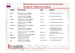 Heat Recovery from Internal Combustion
                                                                                    Engines: reference projects
                                                    Project        ORC Module                             Site              Engines
                                                    Pisticci I     TURBODEN 18 HR SPLIT (1,8 MWe)         Pisticci (I)      3 x 8 MWe Wartsila Diesel engines
                                                                   In operation since IV quarter 2010
                                                    Oxon           TURBODEN 6 HR SPLIT (0,6 MWe)          Pavia (I)         1 x 8 MWe MAN Diesel engine
                                                                   In operation since IV quarter 2008
                                                    FinPower       TURBODEN 6 HR DIR. EXCH. (0,6 MWe)     Visano (I)        1 x 17 MWe Wartsila Diesel engine
                                                                   In operation since II quarter 2009
Copyright © – Turboden S.r.l. All rights reserved




                                                    Pisticci II    TURBODEN 40 HR SPLIT (3,8 MWe)         Pisticci (I)      3 x 17 MWe Wartsila Diesel engines
                                                                   Under construction
                                                    Cereal Docks   TURBODEN 6 HR DIR. EXCH. (0,6 MWe)     Portogruaro (I)   1 x 7 MWe Wartsila Diesel engine
                                                                   Under construction
                                                                                                                            2 x 1 MWe JGS/GE gas engine +
                                                    Eukrasia       TURBODEN 6 HR SPLIT (0,6 MWe)          Catania (I)
                                                                                                                            3 x 0,8 MWe JGS/GE gas engine +
                                                                   In operation since II quarter 2010
                                                                                                                            1 x 0,6 MWe JGS/GE gas engine
                                                                   TURBODEN 10 HR cogenerative (1 MWe)                      2 x 2 JGS/GE gas engine
                                                    Ulm                                                   Senden (D)
                                                                   Under construction                                       (+ additional heat from the process)
                                                                   TURBODEN 6 HR cogenerative (0,6 MWe)
                                                    Kempen                                                Kempen (D)        Diesel engine
                                                                   In operation since I quarter 2012
                                                                   TURBODEN 10 HR (1 MWe)
                                                    Mondopower                                            Chivasso (I)      1 x 17 MWe Wartsila Diesel engine
                                                                   Under construction
                                                                   TURBODEN 14 HR (1,3 MWe)               Ämmässuo (FIN)    4 x 4 MWe MWM gas engines
                                                    HSY
                                                                   In operation since IV quarter 2011




                                                                                                                                                                   19
 