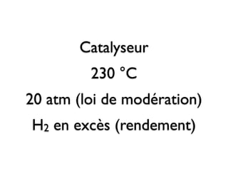 Catalyseur
         230 °C
20 atm (loi de modération)
H2 en excès (rendement)
 