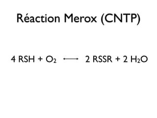 Réaction Merox (CNTP)


4 RSH + O2   2 RSSR + 2 H2O
 