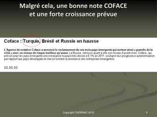 Malgré cela, une bonne note COFACE
  et une forte croissance prévue




             Copyright CADENAC 2010   5
 