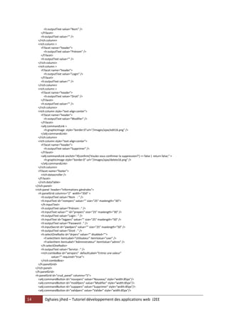 <h:outputText value="Nom" />
          </f:facet>
          <h:outputText value="" />
       </rich:column>
       <rich:column >
          <f:facet name="header">
            <h:outputText value="Prénom" />
          </f:facet>
          <h:outputText value="" />
       </rich:column>
       <rich:column >
          <f:facet name="header">
            <h:outputText value="Login" />
          </f:facet>
          <h:outputText value="" />
       </rich:column>
       <rich:column >
          <f:facet name="header">
            <h:outputText value="Droit" />
          </f:facet>
          <h:outputText value="" />
       </rich:column>
       <rich:column style="text-align:center">
          <f:facet name="header">
            <h:outputText value="Modifier" />
          </f:facet>
          <a4j:commandLink >
            <h:graphicImage style="border:0"url="/images/ajax/edit16.png" />
          </a4j:commandLink>
       </rich:column>
       <rich:column style="text-align:center">
          <f:facet name="header">
            <h:outputText value="Supprimer" />
          </f:facet>
          <a4j:commandLink onclick="if(confirm('Voulez vous confirmer la suppression?') == false ) return false;" >
            <h:graphicImage style="border:0" url="/images/ajax/delete16.png" />
          </a4j:commandLink>
       </rich:column>
       <f:facet name="footer">
          <rich:datascroller />
       </f:facet>
       </rich:dataTable>
     </rich:panel>
     <rich:panel header="Informations générales">
       <h:panelGrid columns="2" width="350" >
          <h:outputText value="Nom : " />
          <h:inputText id="nompers" value="" size="25" maxlength="30">
          </h:inputText>
          <h:outputText value="Prénom : " />
          <h:inputText value="" id="prepers" size="25" maxlength="30" />
          <h:outputText value="Login : " />
          <h:inputText id="logpers" value="" size="25" maxlength="50" />
          <h:outputText value="Password : " />
          <h:inputSecret id="pwdpers" value="" size="25" maxlength="50" />
          <h:outputText value="Droit : " />
          <h:selectOneRadio id="drpers" value="" disabled="">
            <f:selectItem itemLabel="Utilisateur" itemValue="user" />
            <f:selectItem itemLabel="Administrateur" itemValue="admin" />
          </h:selectOneRadio>
          <h:outputText value="Service : " />
          <rich:comboBox id="servpers" defaultLabel="Entrez une valeur"
                   value="" required="true">
          </rich:comboBox>
       </h:panelGrid>
     </rich:panel>
     </h:panelGrid>
     <h:panelGrid id="crud_panel" columns="5">
       <a4j:commandButton id="nouvpers" value="Nouveau" style="width:85px"/>
       <a4j:commandButton id="modifpers" value="Modifier" style="width:85px"/>
       <a4j:commandButton id="supppers" value="Supprimer" style="width:85px"/>
       <a4j:commandButton id="validpers" value="Valider" style="width:85px"/>


14          Dghaies jihed – Tutoriel développement des applications web J2EE
 