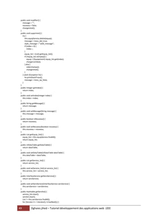 public void modifier() {
   message = "";
   nouveau = false;
   changeretat();
 }
 public void supprimer() {
   try {
      this.equipService.delete(equip);
      message = mess_del_true;
      style_message = "valid_message";
      if (index > 0) {
         index--;
      }
      equip_list = (List) getEquip_list();
      if (!equip_list.isEmpty()) {
         equip = (Equipement) equip_list.get(index);
         chargercombo();
      } else {
         viderchamps();
         changeretat();
      }
   } catch (Exception hx) {
      hx.printStackTrace();
      message = mess_op_false;
   }
 }
 public Integer getIndex() {
   return index;
 }
 public void setIndex(Integer index) {
   this.index = index;
 }
 public String getMessage() {
   return message;
 }
 public void setMessage(String message) {
   this.message = message;
 }
 public boolean isNouveau() {
   return nouveau;
 }
 public void setNouveau(boolean nouveau) {
   this.nouveau = nouveau;
 }
 public List getEquip_list() {
   equip_list = this.equipService.findAll();
   return equip_list;
 }
 public UIDataTable getDataTable() {
   return dataTable;
 }
 public void setDataTable(UIDataTable dataTable) {
   this.dataTable = dataTable;
 }
 public List getService_list() {
   return service_list;
 }
 public void setService_list(List service_list) {
   this.service_list = service_list;
 }
 public InterfaceService getServService() {
   return servService;
 }
 public void setServService(InterfaceService servService) {
   this.servService = servService;
 }
 public Hashtable getServlist() {
   service_list.clear();
   servlist.clear();
   List l = this.servService.findAll();
   for (Iterator it = l.iterator(); it.hasNext();) {


49           Dghaies jihed – Tutoriel développement des applications web J2EE
 
