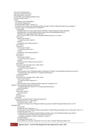 <h:form id="formequipement">
    <a4j:include viewId="Entete.jsp"/>
    <a4j:include viewId="menu.jsp"/>
    <h:inputHidden value="#{EquipementBean.init}"/>
    <rich:spacer height="50px" />
    <center>
      <rich:tabPanel style="width:500px;">
      <rich:tab label="Equipement">
      <h:panelGrid width="450px" columns="1">
      <h:outputText id="infomsg" value="#{EquipementBean.message}" styleClass="#{EquipementBean.style_message}"/>
      <rich:panel header="Liste Equipement" id="tablepanel">
         <rich:dataTable
           onRowMouseOver="this.style.backgroundColor='#B5CEFD'" binding="#{EquipementBean.dataTable}"
           onRowMouseOut="this.style.backgroundColor='#{org.richfaces.SKIN.tableBackgroundColor}'"
           onRowClick="this.style.backgroundColor='#F1F1F1'"
           rows="8" width="100%" id="tbl" value="#{EquipementBean.equip_list}" var="equip">
         <rich:column>
           <f:facet name="header">
              <h:outputText value="Libellé" />
           </f:facet>
           <h:outputText value="#{equip.eqLib}" />
         </rich:column>
         <rich:column >
           <f:facet name="header">
              <h:outputText value="Etat" />
           </f:facet>
           <h:outputText value="#{equip.eqEtat}" />
         </rich:column>
         <rich:column >
           <f:facet name="header">
              <h:outputText value="Service" />
           </f:facet>
           <h:outputText value="#{equip.service.servLib}" />
         </rich:column>
         <rich:column style="text-align:center" width="70px" >
           <f:facet name="header">
              <h:outputText value="Modifier" />
           </f:facet>
           <a4j:commandLink action="#{EquipementBean.modifierligne}" reRender="infomsg,tablepanel,panelinfo,crud_panel">
              <h:graphicImage style="border:0"url="/images/ajax/edit16.png" />
           </a4j:commandLink>
         </rich:column>
         <rich:column style="text-align:center" width="70px">
           <f:facet name="header">
              <h:outputText value="Supprimer" />
           </f:facet>
           <a4j:commandLink action="#{EquipementBean.supprimer}" ajaxSingle="true"
reRender="infomsg,tablepanel,panelinfo,crud_panel">
              <h:graphicImage style="border:0" url="/images/ajax/delete16.png" />
           </a4j:commandLink>
         </rich:column>
         <f:facet name="footer">
           <rich:datascroller />
         </f:facet>
         </rich:dataTable>
      </rich:panel>
      <rich:panel id="panelinfo" header="Informations générales">
         <h:panelGrid columns="2" width="350" >
           <h:outputText value="Libellé : " />
           <h:inputText id="libquip" value="#{EquipementBean.equip.eqLib}" disabled="#{EquipementBean.etat}" size="25"
maxlength="30">
           </h:inputText>
           <h:outputText value="Description : " />
           <h:inputTextarea value="#{EquipementBean.equip.eqDescr}" disabled="#{EquipementBean.etat}" id="descrequip" rows="3" />
           <h:outputText value="Etat : " />
           <h:selectOneRadio id="etatequip" disabled="#{EquipementBean.etat}" value="#{EquipementBean.equip.eqEtat}" >
              <f:selectItem itemLabel="Fonctionnel" itemValue="Fonctionnel" />
              <f:selectItem itemLabel="En Panne" itemValue="En Panne" />
           </h:selectOneRadio>
           <h:outputText value="Service : " />
           <rich:comboBox id="servequip" defaultLabel="Entrez une valeur" disabled="#{EquipementBean.etat}"


51           Dghaies jihed – Tutoriel développement des applications web J2EE
 
