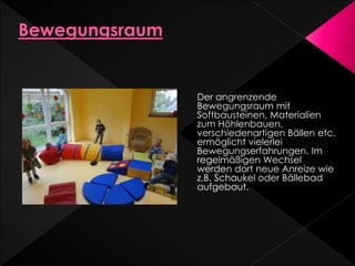 Der angrenzende
Bewegungsraum mit
Softbausteinen, Materialien
zum Höhlenbauen,
verschiedenartigen Bällen etc.
ermöglicht vielerlei
Bewegungserfahrungen. Im
regelmäßigen Wechsel
werden dort neue Anreize wie
z.B. Schaukel oder Bällebad
aufgebaut.
 