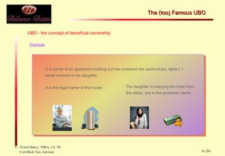 Example A is owner of an apartment building but has endowed the usufructuary rights ( = rental income) to his daughter A is the legal owner of the house  The daughter is enjoying the fruits from this asset, she is the economic owner UBO - the concept of beneficial ownership The (too) Famous UBO  /39 