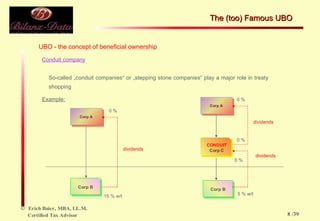 Conduit company So-called „conduit companies“ or „stepping stone companies“ play a major role in treaty shopping  Example: 15 % w/t dividends 0 % dividends 5 % w/t 0 % dividends 0 % 0 % UBO - the concept of beneficial ownership The (too) Famous UBO  /39 