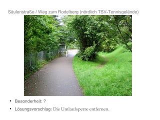 Säulenstraße / Weg zum Rodelberg (nördlich TSV-Tennisgelände) 
● Besonderheit: ? 
● Lösungsvorschlag: Die Umlaufsperre entfernen. 
 