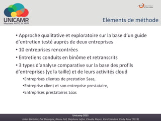 Julien Bartolini, Zoë Docaigne, Réana Fall, Stéphane Lafon, Claudie Meyer, Karst Sanders, Cindy Raud (2013)
Unicamp 2013
Eléments de méthode
• Approche qualitative et exploratoire sur la base d’un guide
d’entretien testé auprès de deux entreprises
• 10 entreprises rencontrées
• Entretiens conduits en binôme et retranscrits
• 3 types d’analyse comparative sur la base des profils
d’entreprises (yc la taille) et de leurs activités cloud
•Entreprises clientes de prestation Saas,
•Entreprise client et son entreprise prestataire,
•Entreprises prestataires Saas
 