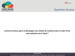 Julien Bartolini, Zoë Docaigne, Réana Fall, Stéphane Lafon, Claudie Meyer, Karst Sanders, Cindy Raud (2013)
Unicamp 2013
Question du jour
Comment évaluer, gérer et développer une relation de confiance dans le cadre d’une
externalisation via le Cloud ?
 